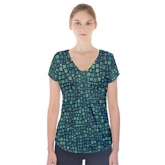 Squares Cubism Geometric Background Short Sleeve Front Detail Top