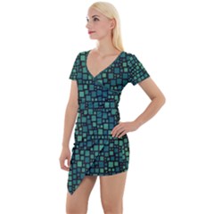 Squares Cubism Geometric Background Short Sleeve Asymmetric Mini Dress