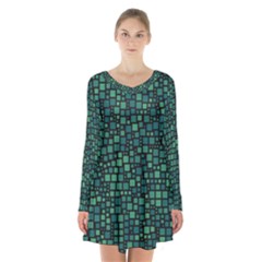 Squares Cubism Geometric Background Long Sleeve Velvet V-neck Dress