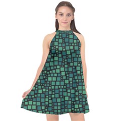 Squares Cubism Geometric Background Halter Neckline Chiffon Dress 