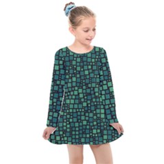 Squares Cubism Geometric Background Kids  Long Sleeve Dress