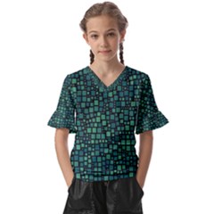 Squares Cubism Geometric Background Kids  V-neck Horn Sleeve Blouse