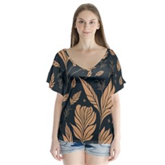 Background Pattern Leaves Texture V-neck Flutter Sleeve Top