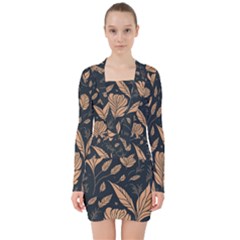 Background Pattern Leaves Texture V-neck Bodycon Long Sleeve Dress