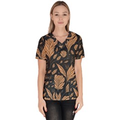 Background Pattern Leaves Texture Women s V-neck Scrub Top