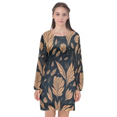 Background Pattern Leaves Texture Long Sleeve Chiffon Shift Dress 