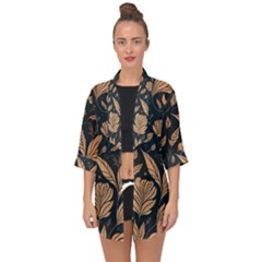 Background Pattern Leaves Texture Open Front Chiffon Kimono by Maspions