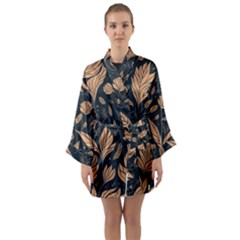 Background Pattern Leaves Texture Long Sleeve Satin Kimono