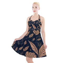 Background Pattern Leaves Texture Halter Party Swing Dress 