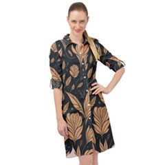 Background Pattern Leaves Texture Long Sleeve Mini Shirt Dress