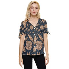 Background Pattern Leaves Texture Bow Sleeve Button Up Top