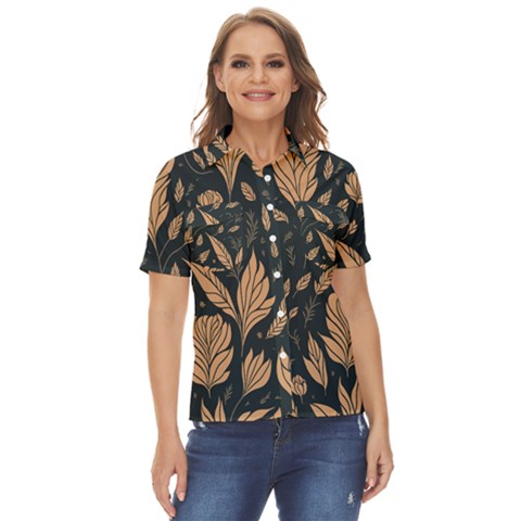 Background Pattern Leaves Texture Women s Short Sleeve Double Pocket Shirt by Maspions