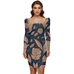 Background Pattern Leaves Texture Women Long Sleeve Ruched Stretch Jersey Dress