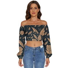 Background Pattern Leaves Texture Long Sleeve Crinkled Weave Crop Top