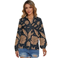 Background Pattern Leaves Texture Women s Long Sleeve Button Up Shirt