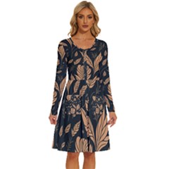 Background Pattern Leaves Texture Long Sleeve Dress With Pocket