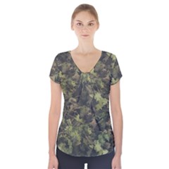 Green Camouflage Military Army Pattern Short Sleeve Front Detail Top