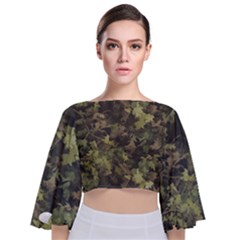 Green Camouflage Military Army Pattern Tie Back Butterfly Sleeve Chiffon Top