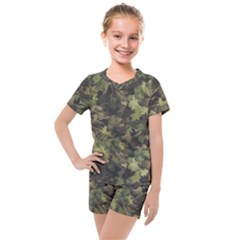 Green Camouflage Military Army Pattern Kids  Mesh T-shirt And Shorts Set