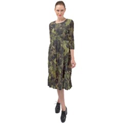 Green Camouflage Military Army Pattern Ruffle End Midi Chiffon Dress by Maspions