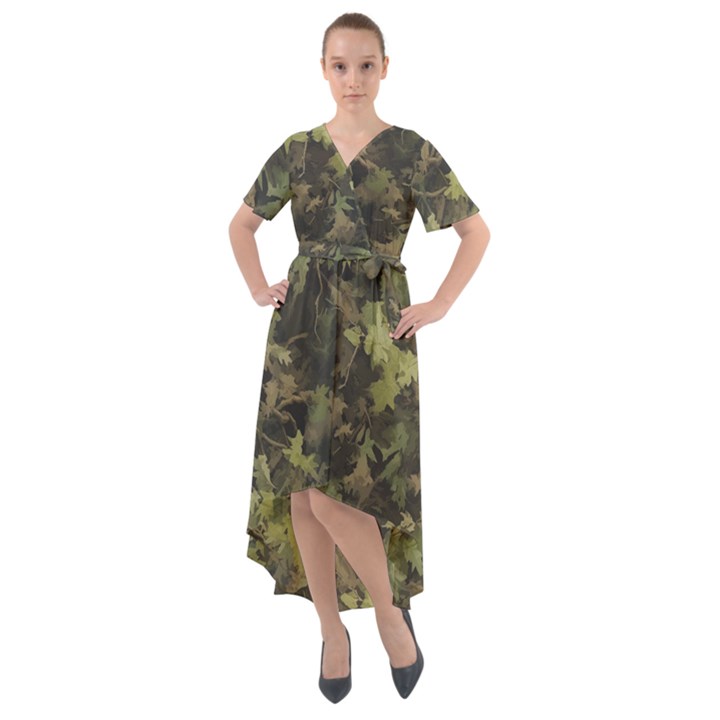 Green Camouflage Military Army Pattern Front Wrap High Low Dress