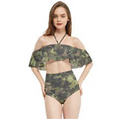 Green Camouflage Military Army Pattern Halter Flowy Bikini Set 