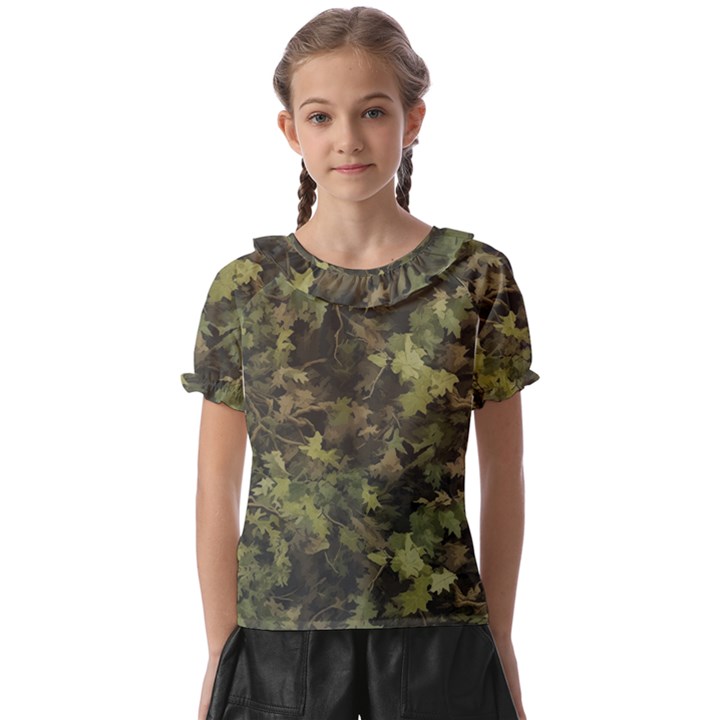 Green Camouflage Military Army Pattern Kids  Frill Chiffon Blouse