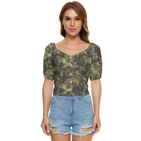 Green Camouflage Military Army Pattern Button Up Blouse by Maspions