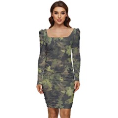 Green Camouflage Military Army Pattern Women Long Sleeve Ruched Stretch Jersey Dress