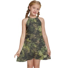 Green Camouflage Military Army Pattern Kids  Halter Collar Waist Tie Chiffon Dress