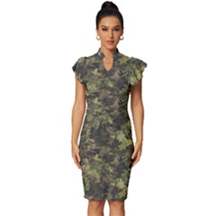 Green Camouflage Military Army Pattern Vintage Frill Sleeve V-neck Bodycon Dress by Maspions