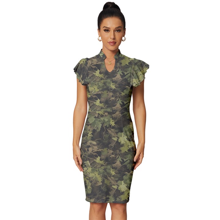 Green Camouflage Military Army Pattern Vintage Frill Sleeve V-Neck Bodycon Dress