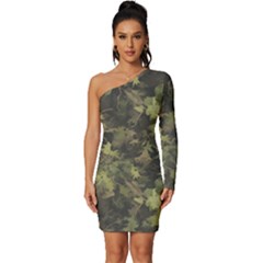 Green Camouflage Military Army Pattern Long Sleeve One Shoulder Mini Dress