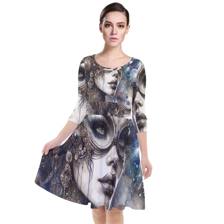 Woman in Space Quarter Sleeve Waist Band Dress