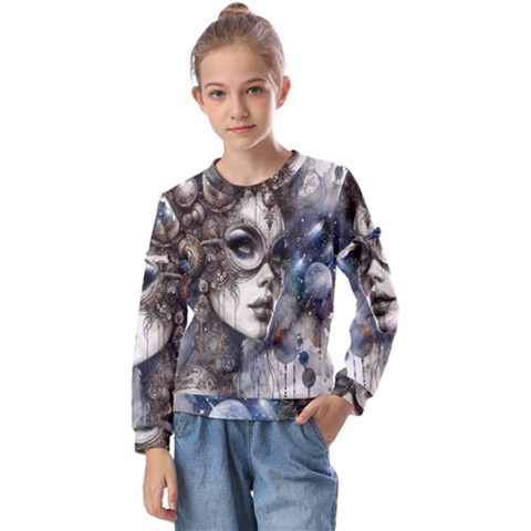 Woman In Space Kids  Long Sleeve T-shirt With Frill  by CKArtCreations