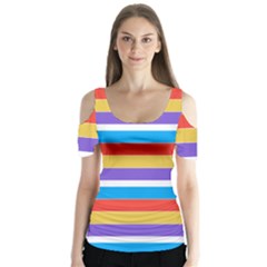 Stripes Pattern Design Lines Butterfly Sleeve Cutout T-shirt 