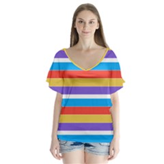 Stripes Pattern Design Lines V-neck Flutter Sleeve Top