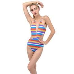 Stripes Pattern Design Lines Plunging Cut Out Swimsuit