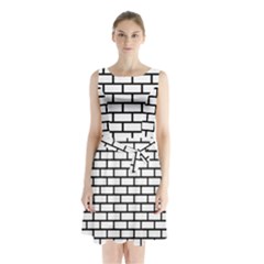 Bricks Wall Pattern Seamless Sleeveless Waist Tie Chiffon Dress