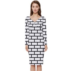 Bricks Wall Pattern Seamless Long Sleeve V-neck Bodycon Dress 