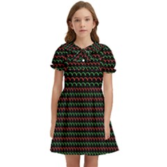 Geometric Pattern Design Line Kids  Bow Tie Puff Sleeve Dress