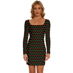 Geometric Pattern Design Line Long Sleeve Square Neck Bodycon Velvet Dress