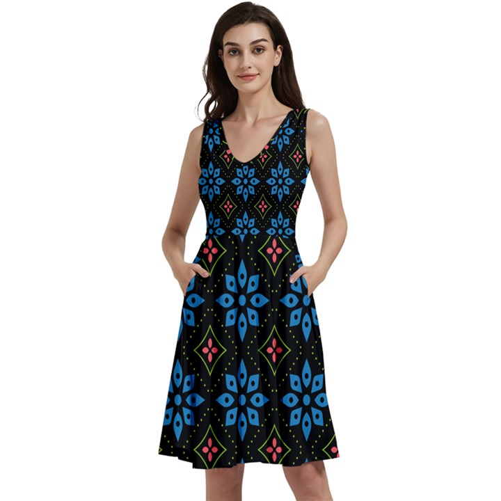 Flowers Pattern Floral Seamless Sleeveless V-Neck Skater Dress with Pockets