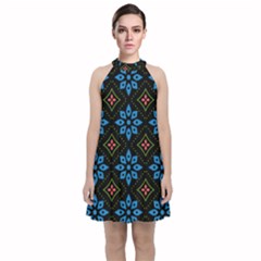 Flowers Pattern Floral Seamless Velvet Halter Neckline Dress 