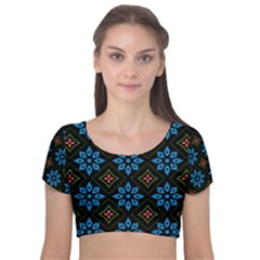 Flowers Pattern Floral Seamless Velvet Short Sleeve Crop Top 