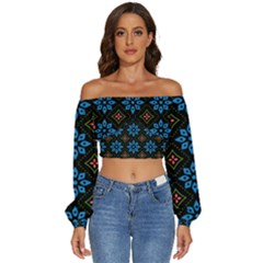 Flowers Pattern Floral Seamless Long Sleeve Crinkled Weave Crop Top