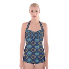 Flowers Pattern Design Abstract Boyleg Halter Swimsuit 