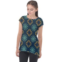 Flowers Pattern Design Abstract Cap Sleeve High Low Top