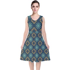 Flowers Pattern Design Abstract V-neck Midi Sleeveless Dress 