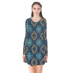 Flowers Pattern Design Abstract Long Sleeve V-neck Flare Dress